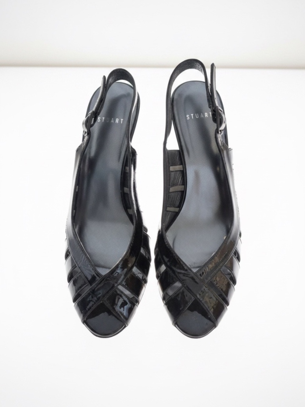 Stuart Weiztman Black Patent Leather Cage Slingback Wedge Sandals Size 8.5